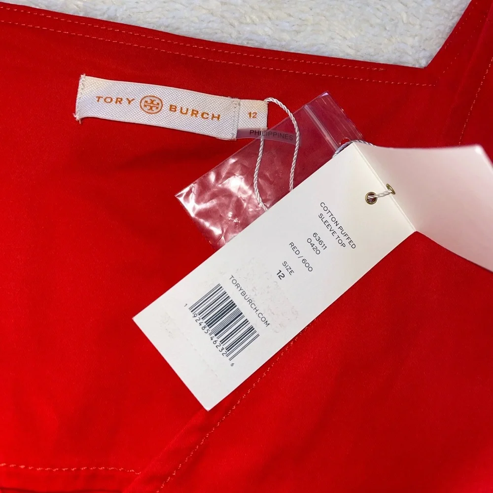 Tory Burch Red Cotton Puff Sleeve Button Up Blouse